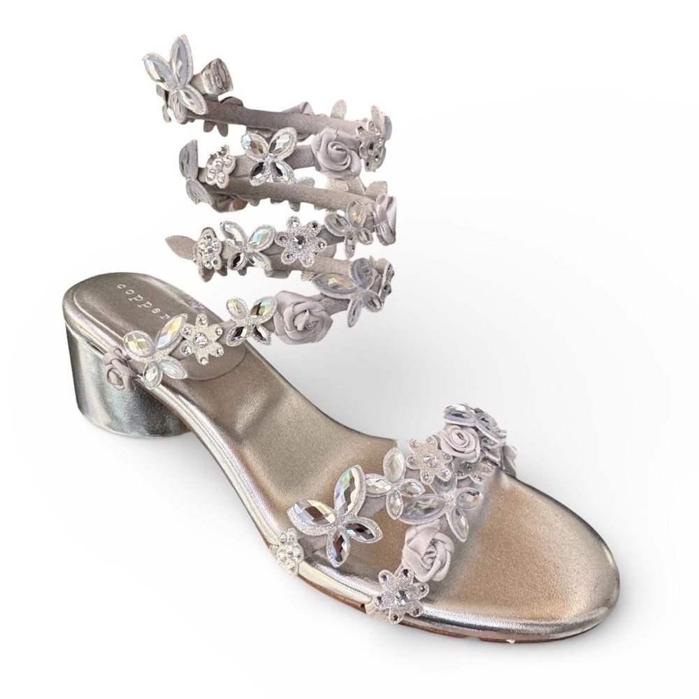 Copper Key Floral Silver Rhinestone Embellished Block Heels